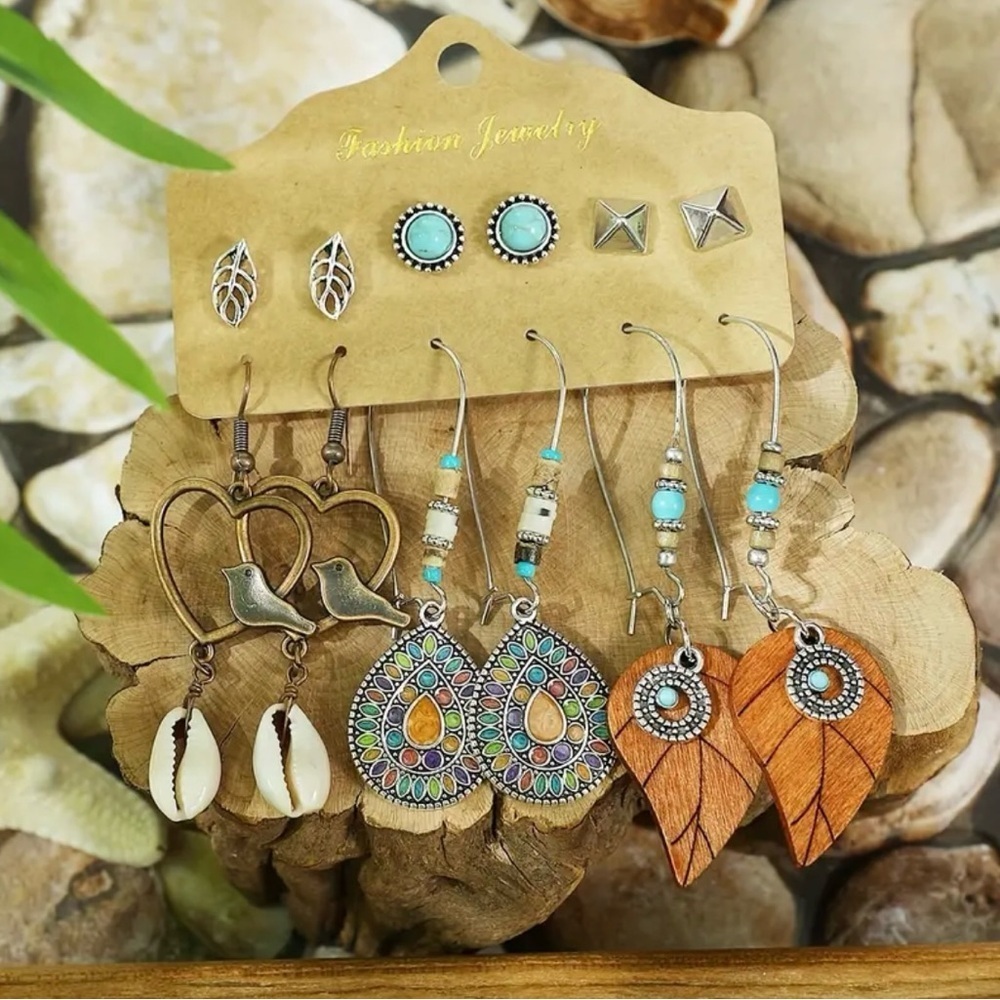6pcs Boho Silver Stackable Rings, Vintage Style Turquoise Dangle Earrings set